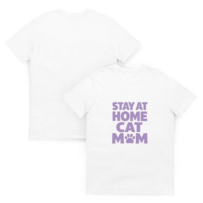 Stay At Home Cat Mom T-Shirt, Bold Typography Lavender Cat Tee, Paw Print Gift