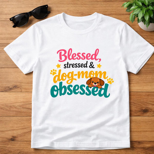 Blessed Stressed Dog Mom Obsessed T-Shirt – Puppy Illustration Dog Lover Apparel