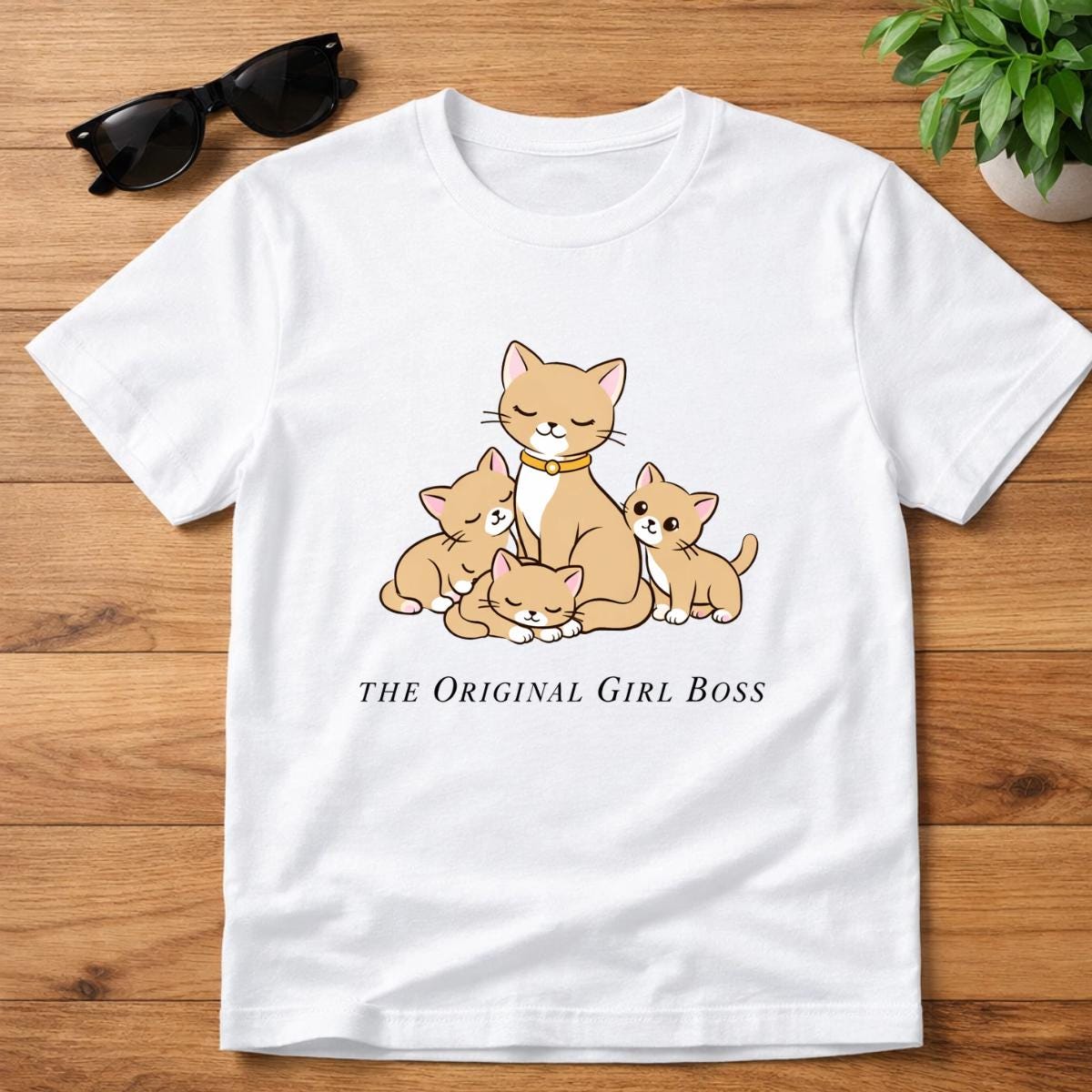 Original Girl Boss T-Shirt – Mother Cat Kittens Illustration, Gift for Cat Moms