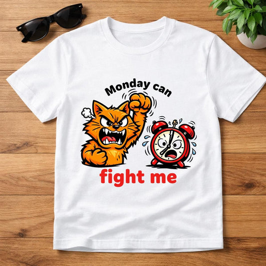 Angry Cat vs Alarm Clock T-Shirt, Humorous Monday Office Humor Tee