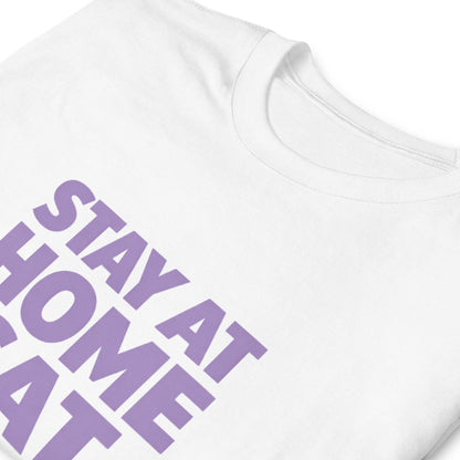 Stay At Home Cat Mom T-Shirt, Bold Typography Lavender Cat Tee, Paw Print Gift
