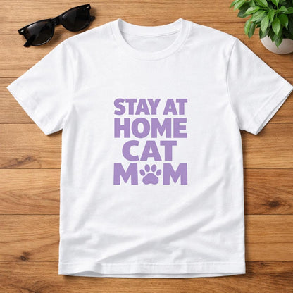 Stay At Home Cat Mom T-Shirt, Bold Typography Lavender Cat Tee, Paw Print Gift