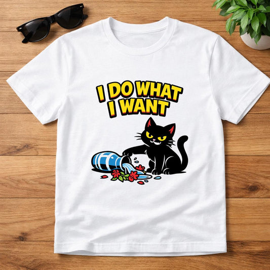 I Do What I Want Black Cat T-Shirt – Mischievous Kitty Pet Owner Humor Tee